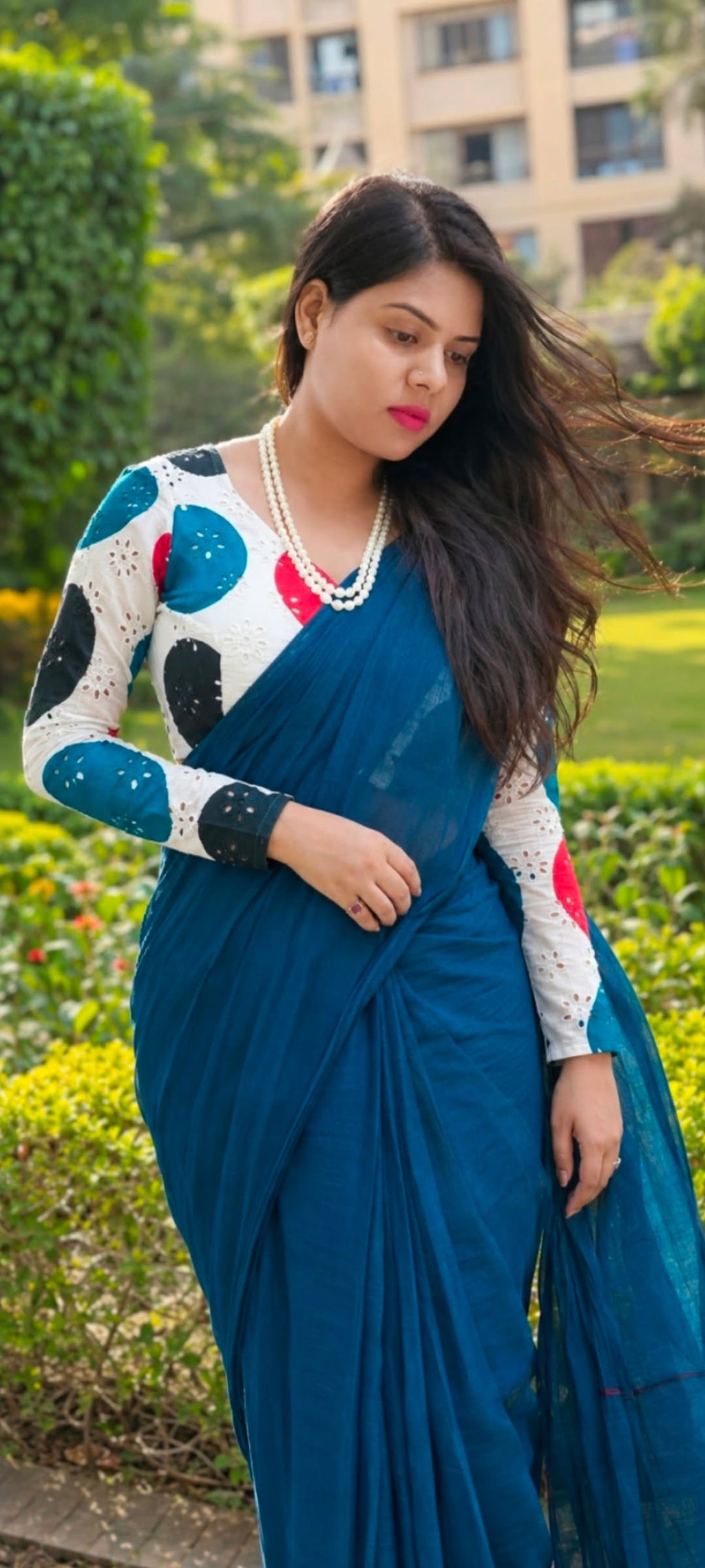 Blue mul chanderi saree with embroidery ajrak blouse