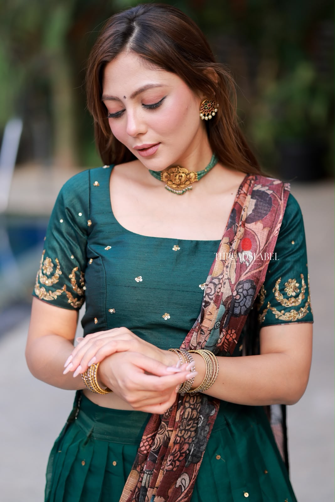 Green kalamkari handwork lehenga