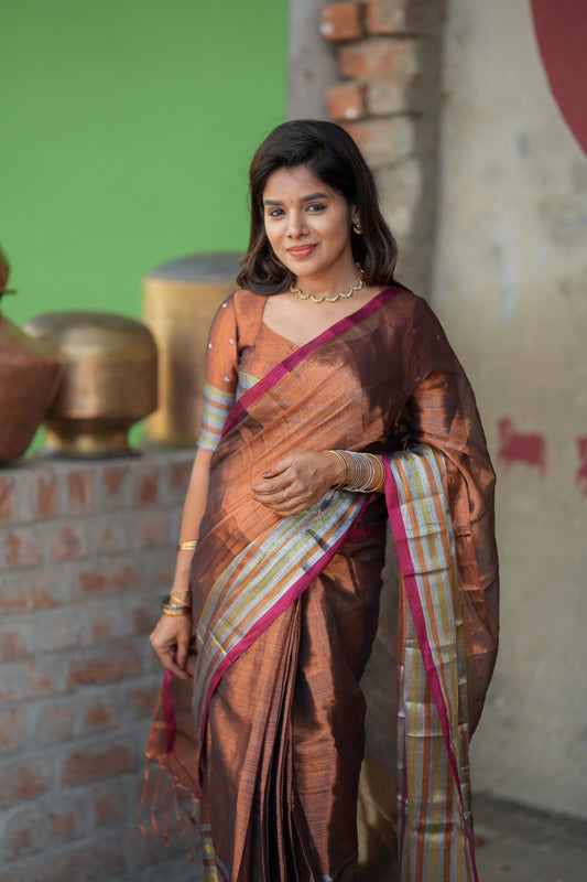 Copper soft tissue saree with handwork blouse