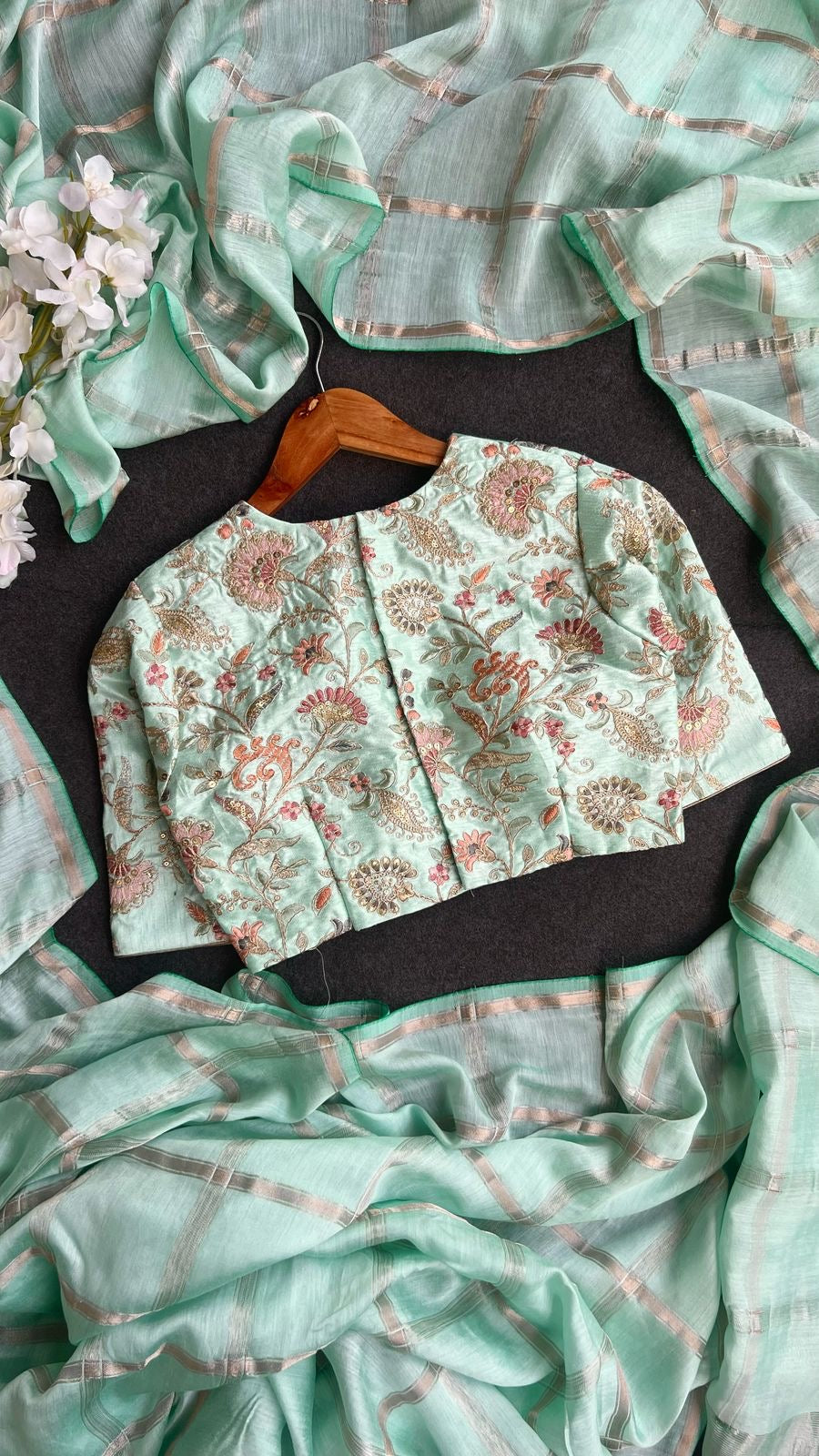 Cyan blue embroidery work blouse