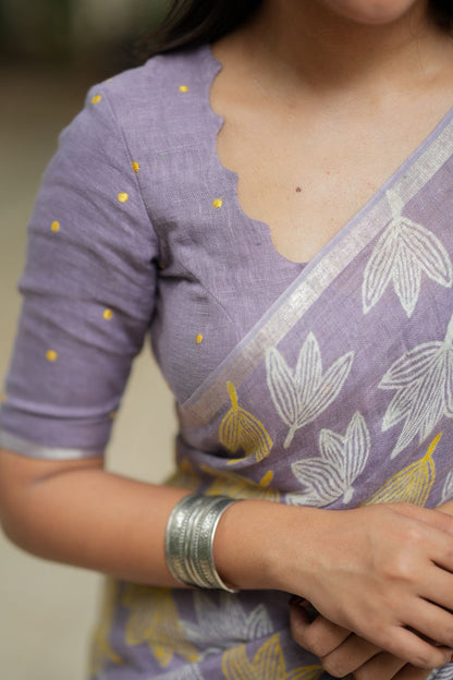 Lavender linen floral saree with hand work blouse