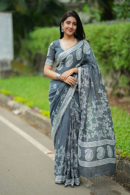 Grey linen floral printed designer saree