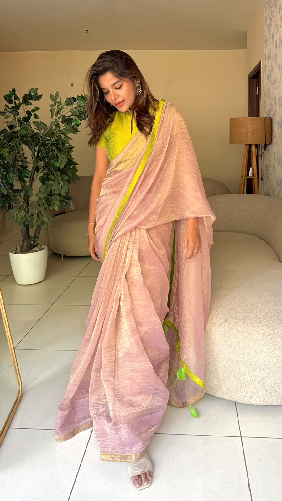 Purple pink tissue saree with hand work blouse