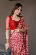 Red cotton kota saree with hand work blouse