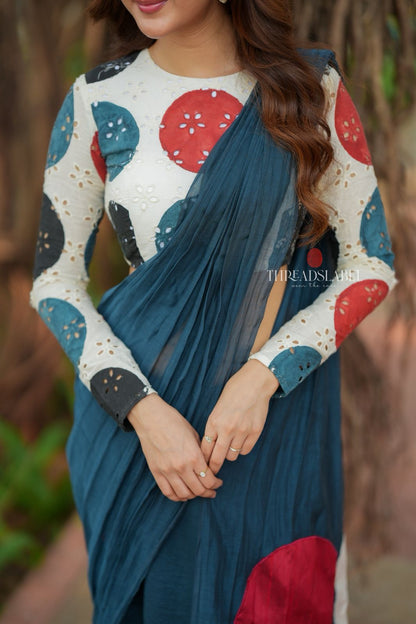Blue mul chanderi saree with embroidery ajrak blouse