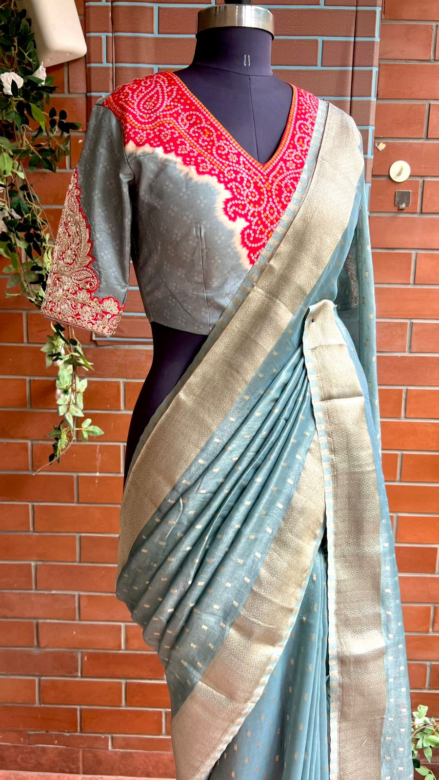Grey banarasi saree with heavy embroidery blouse