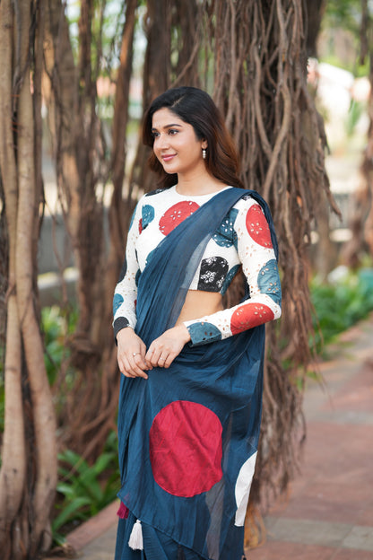 Blue mul chanderi saree with embroidery ajrak blouse