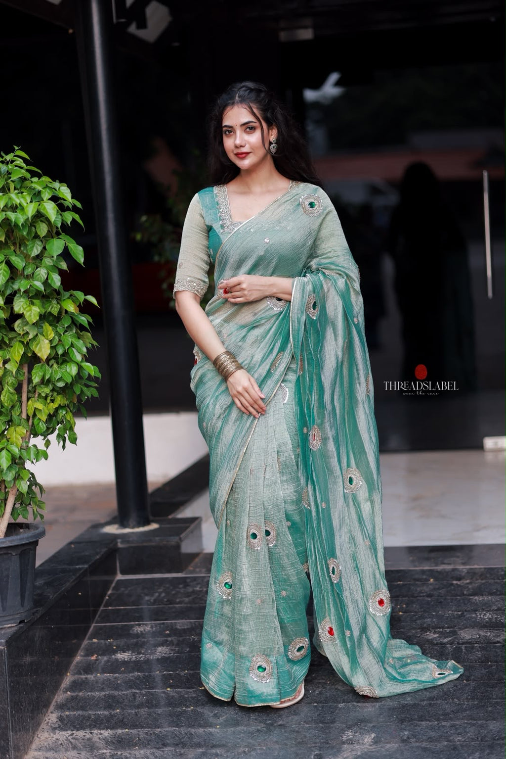 Sea blue tissue hand made saree & blouse