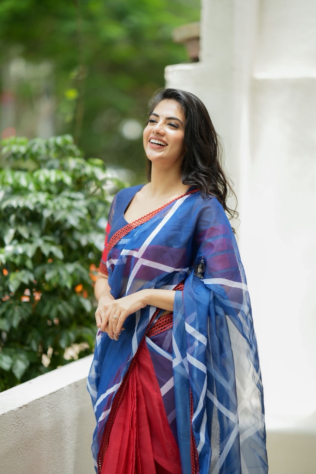 Blue maroon organza saree with patterned blouse
