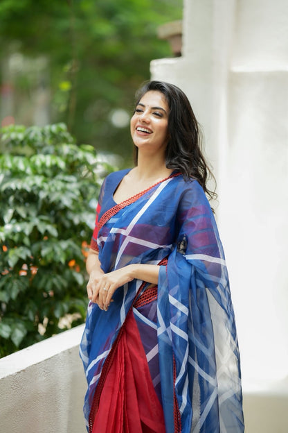 Blue maroon organza saree with patterned blouse