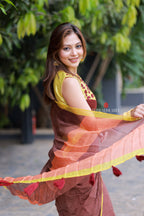 Brown jute saree with banarasi hand work blouse