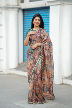 Brown kota kalamkari saree with embroidery blouse