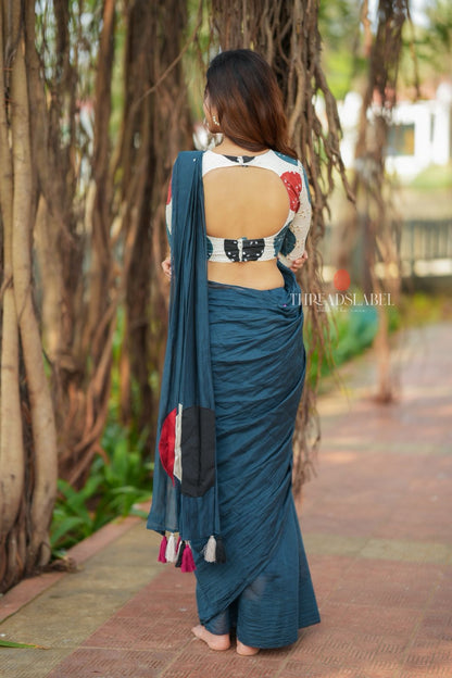 Blue mul chanderi saree with embroidery ajrak blouse