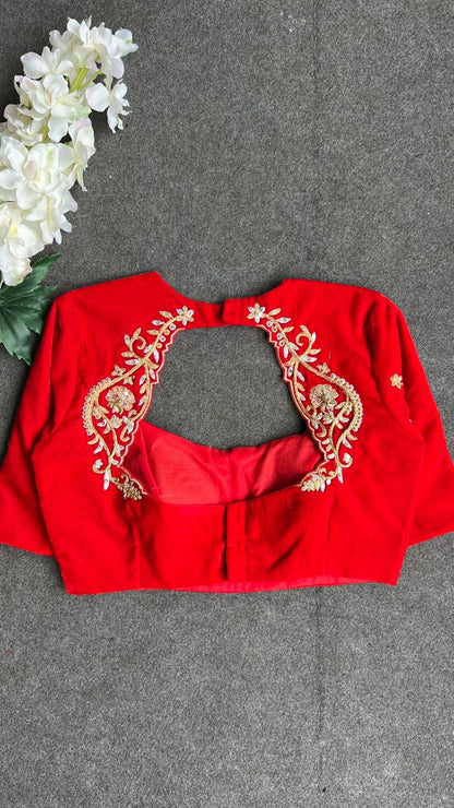 Red velvet heavy hand work blouse