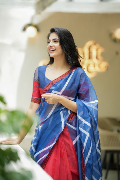 Blue maroon organza saree with patterned blouse
