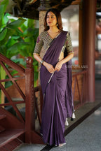 Deep purple mul cotton saree with hand block print blouse