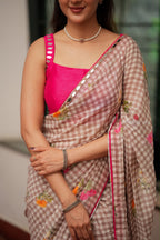 Brown checked mul cotton saree with hand work blouse