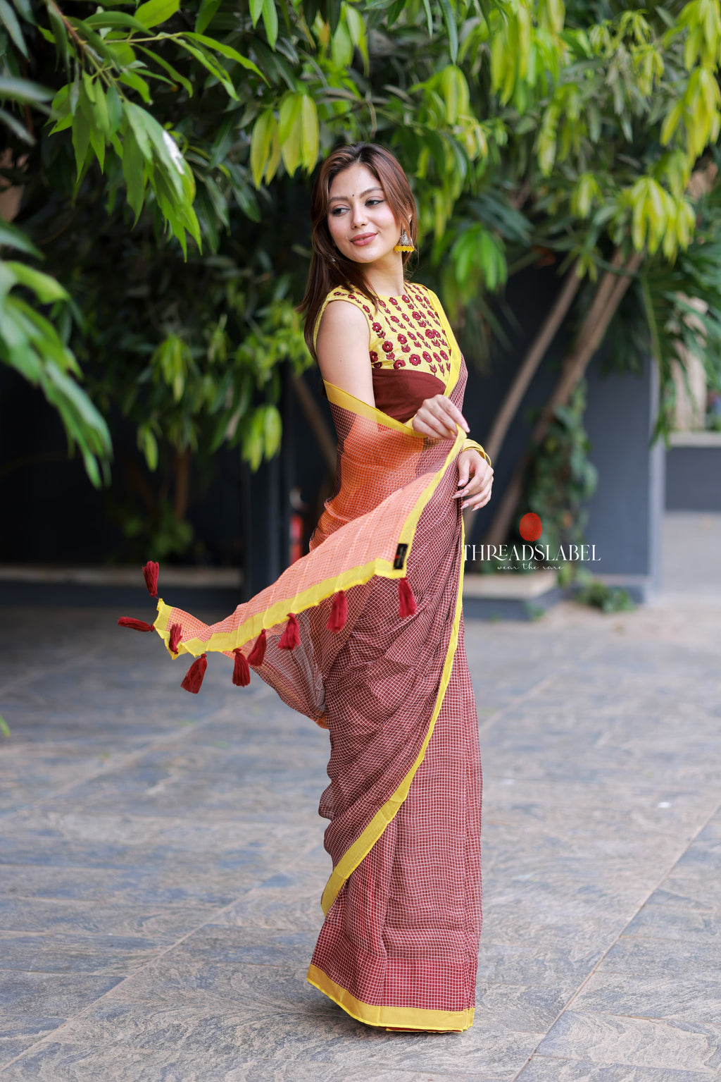 Brown jute saree with banarasi hand work blouse