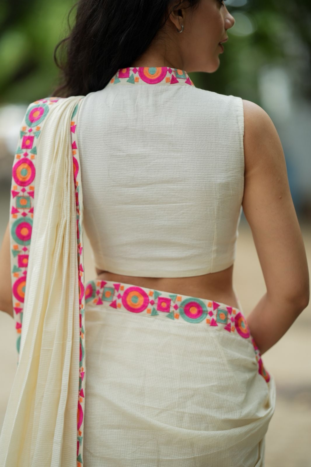 Cream cotton kota saree with embroidery work blouse