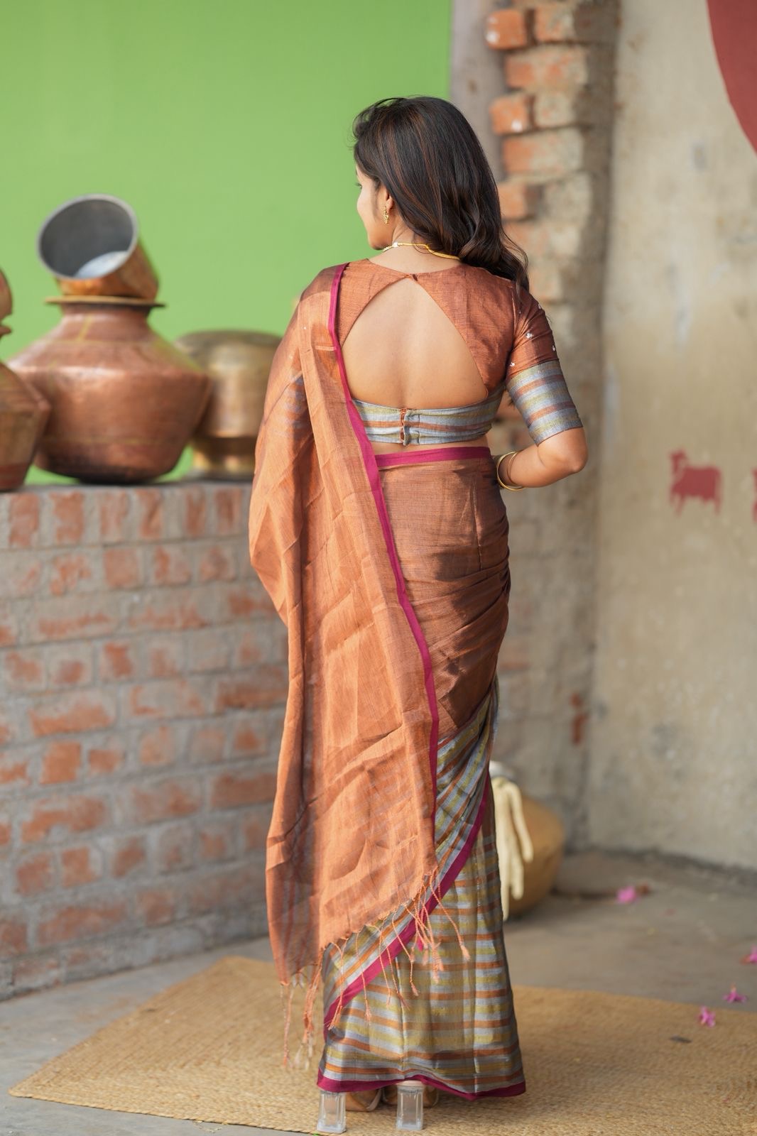 Copper soft tissue saree with handwork blouse