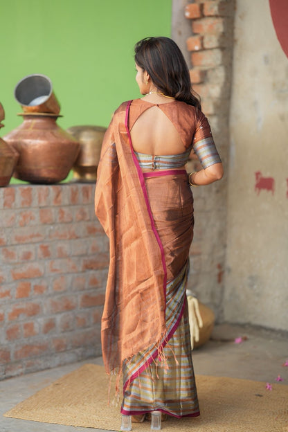 Copper soft tissue saree with handwork blouse
