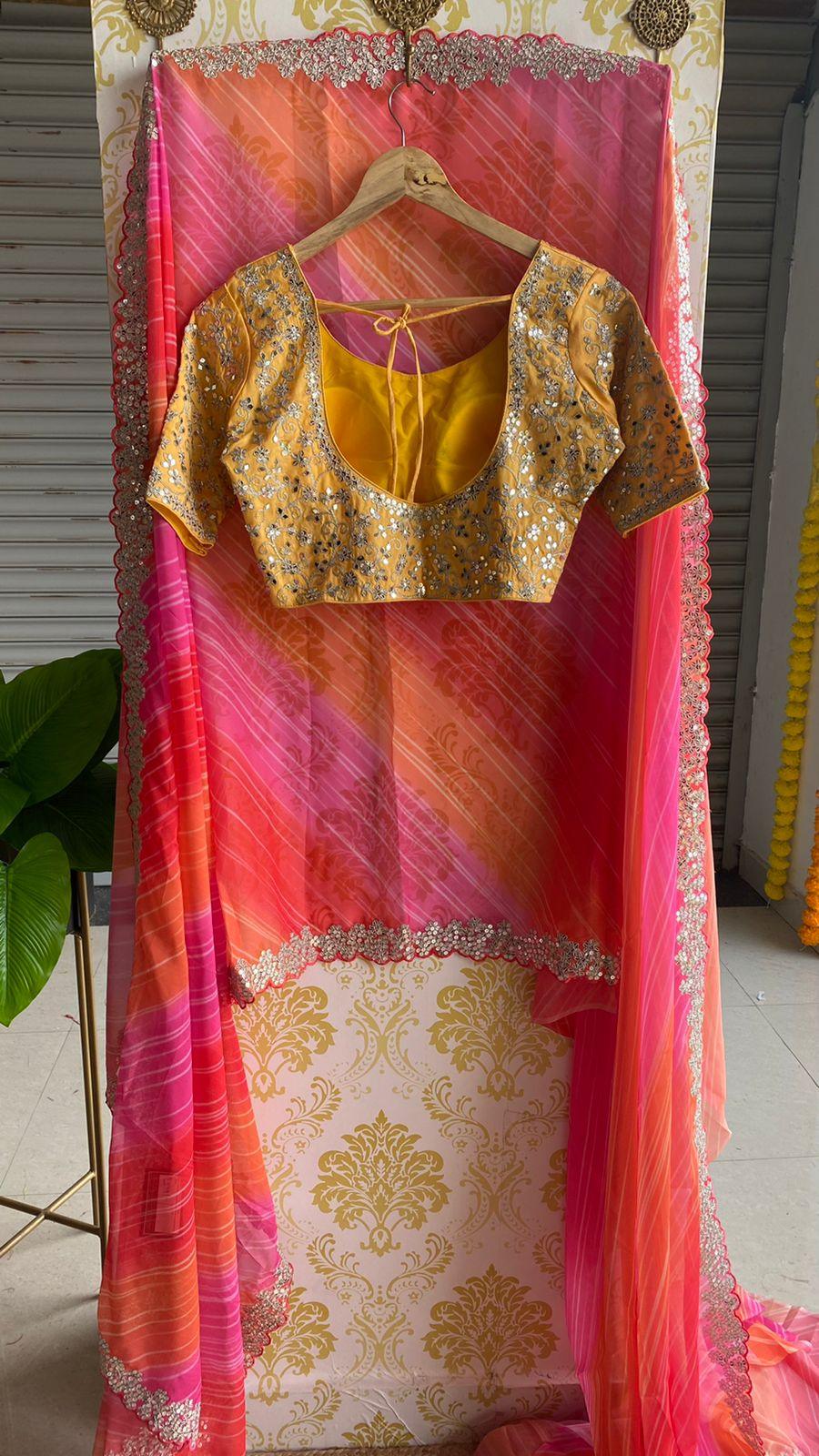 Soft pink and orange organza saree with embroidery yellow blouse - Threads