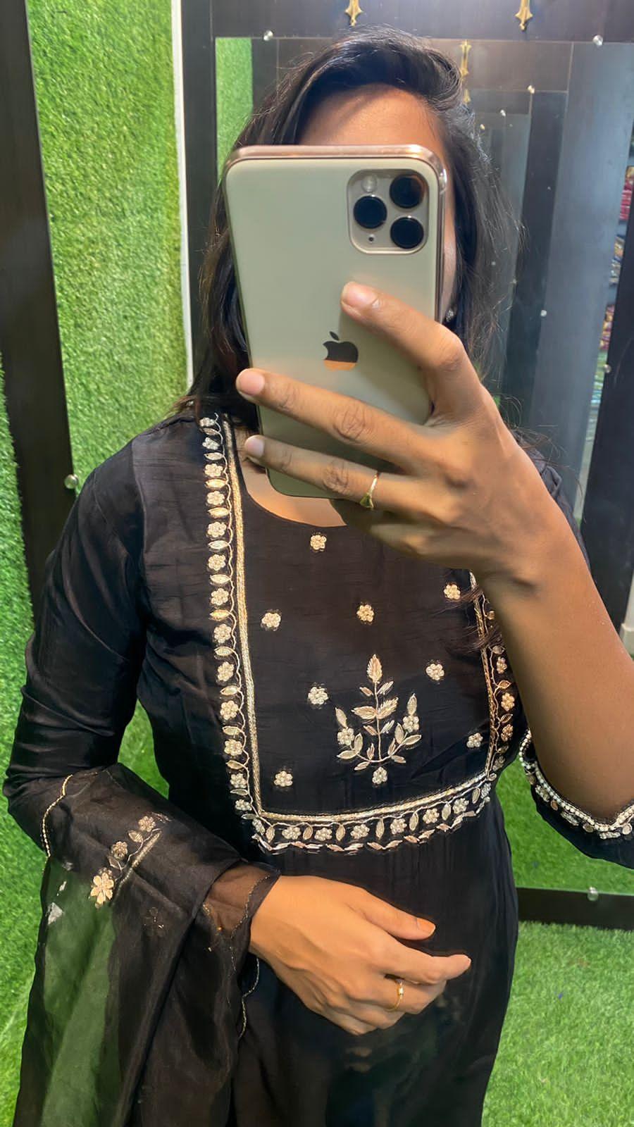 Black silk hand work embroidery 3 piece kurti set - Threads