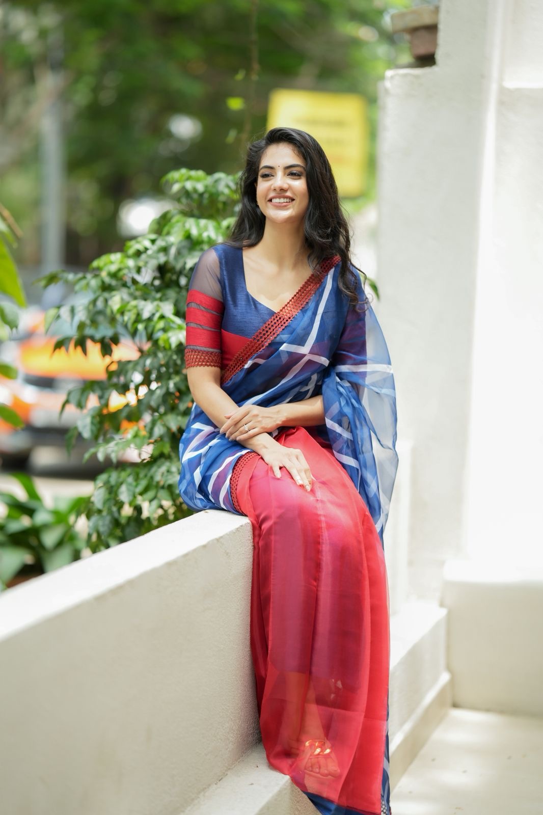 Blue maroon organza saree with patterned blouse