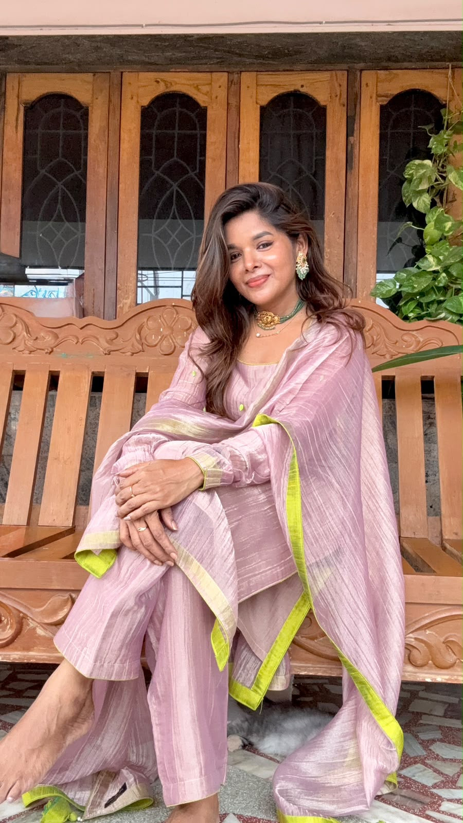 Pink tissue embroidery salwar