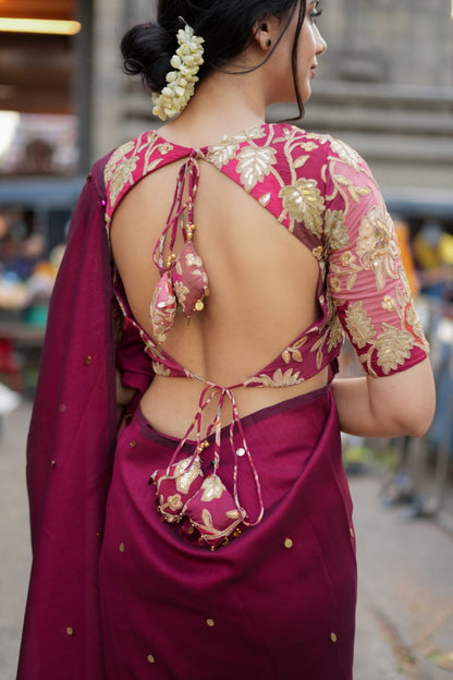 Maroon marble silk saree with embroidery blouse