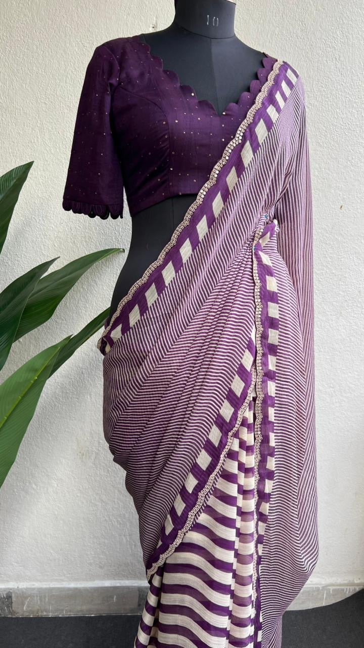 Deep wine chiffon saree with patterned blouse