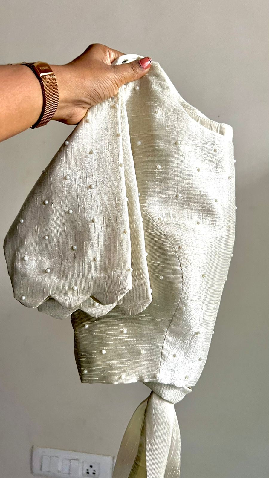 Pure silver tissue pearl handwork blouse