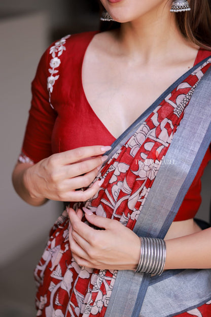 Reddish maroon linen cotton kalamkari saree with embroidery blouse