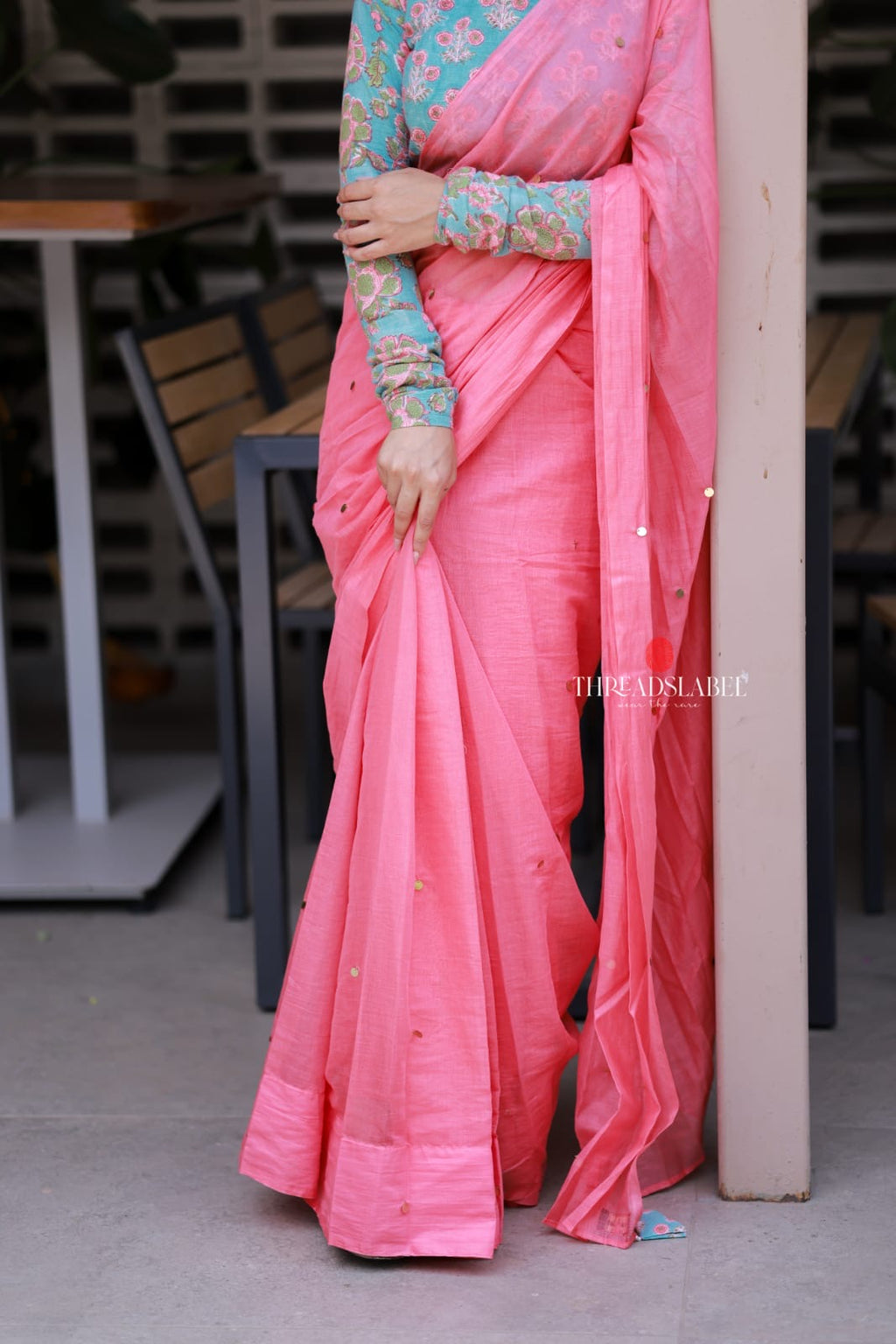Baby pink mul chanderi saree with floral blouse