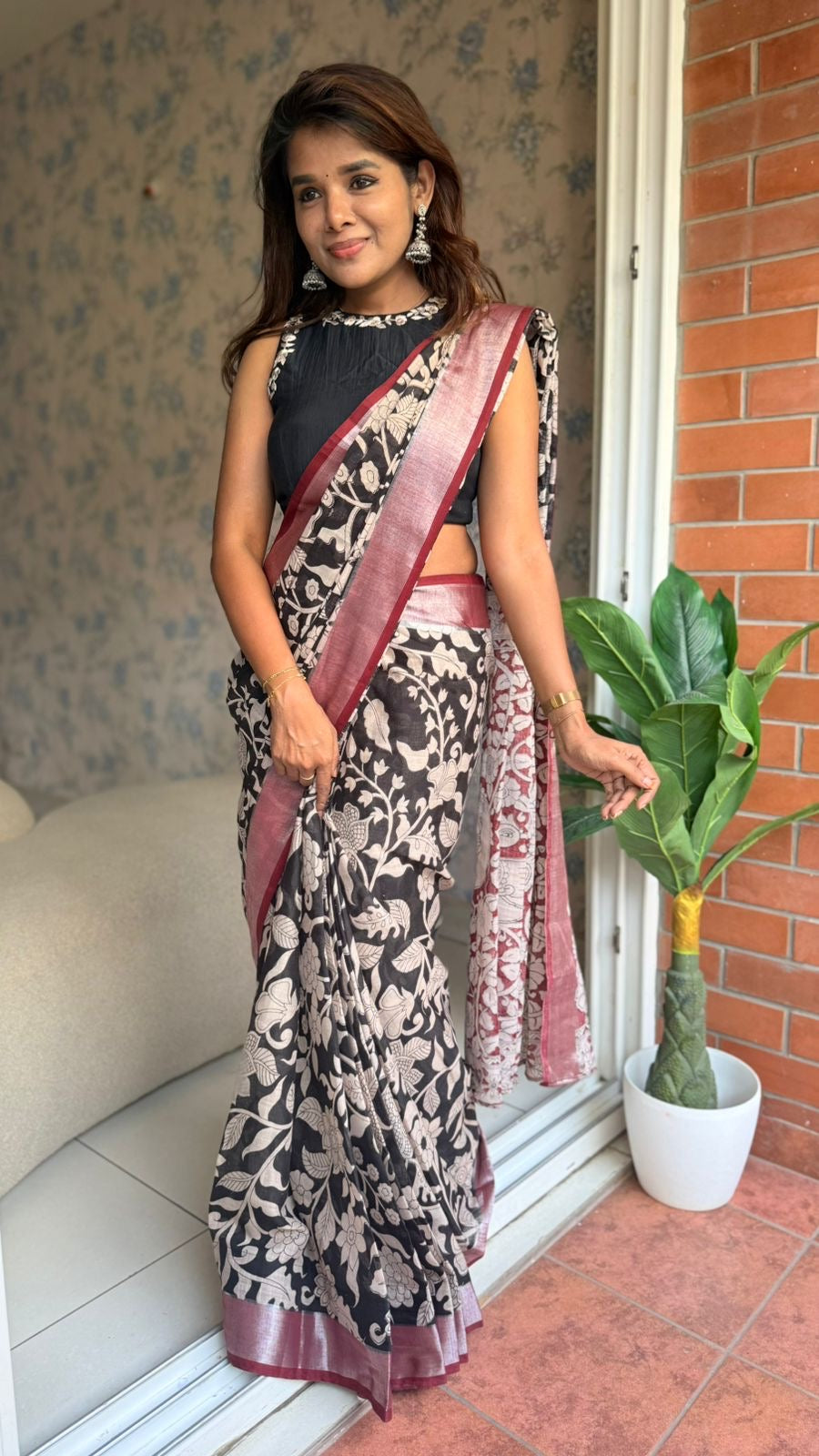 Black linen cotton kalamkari saree with embroidery blouse