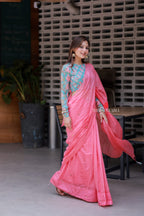 Baby pink mul chanderi saree with floral blouse