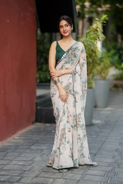 Half white chiffon floral saree with hand work blouse