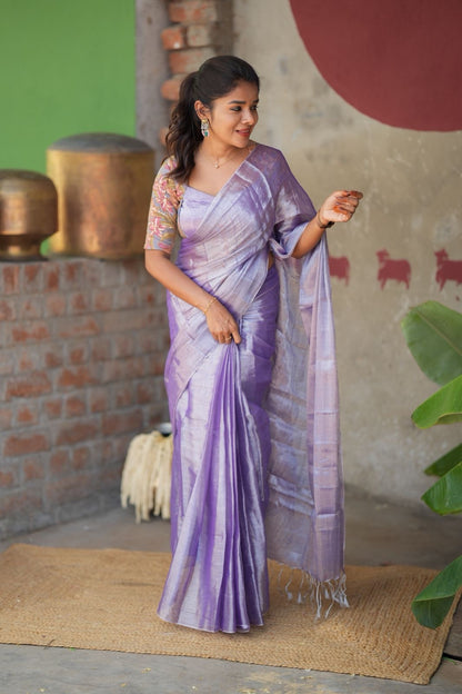 Lavender soft tissue saree with embroidered blouse