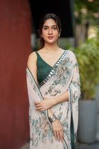 Half white chiffon floral saree with hand work blouse