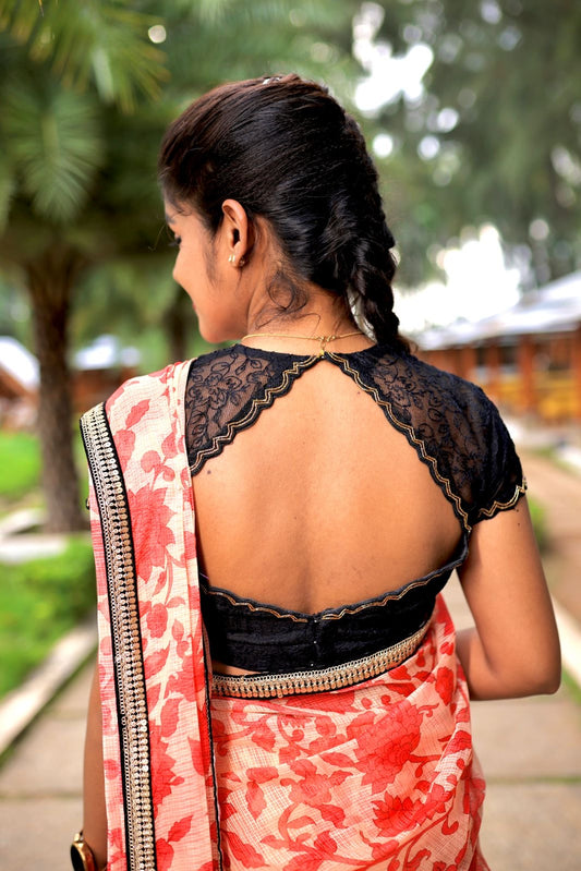 Cream red kota saree with black hand work blouse
