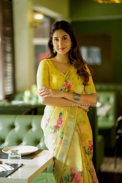 Yellow linen cotton saree with hand work blouse