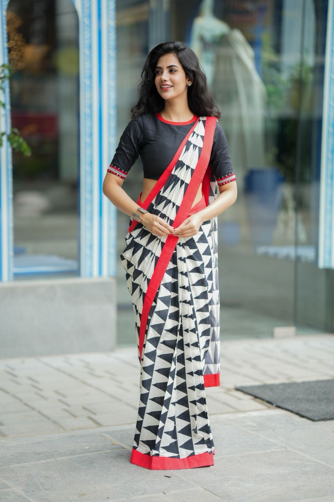 Black & white triangle saree with black hand work blouse