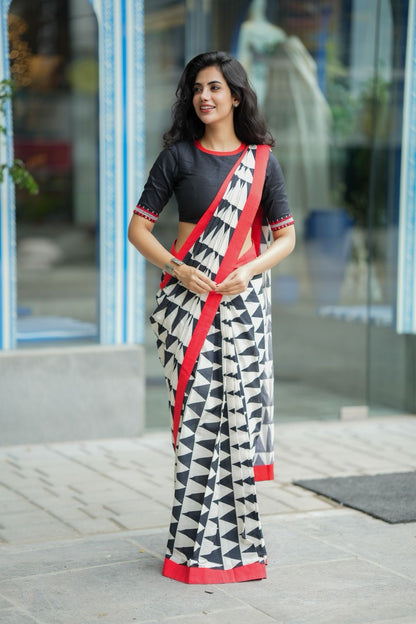 Black & white triangle saree with black hand work blouse
