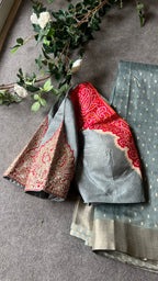 Grey banarasi saree with heavy embroidery blouse