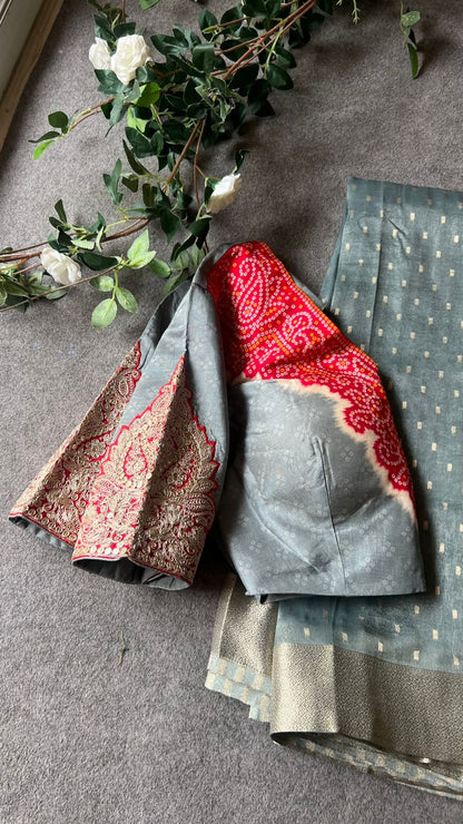 Grey banarasi saree with heavy embroidery blouse
