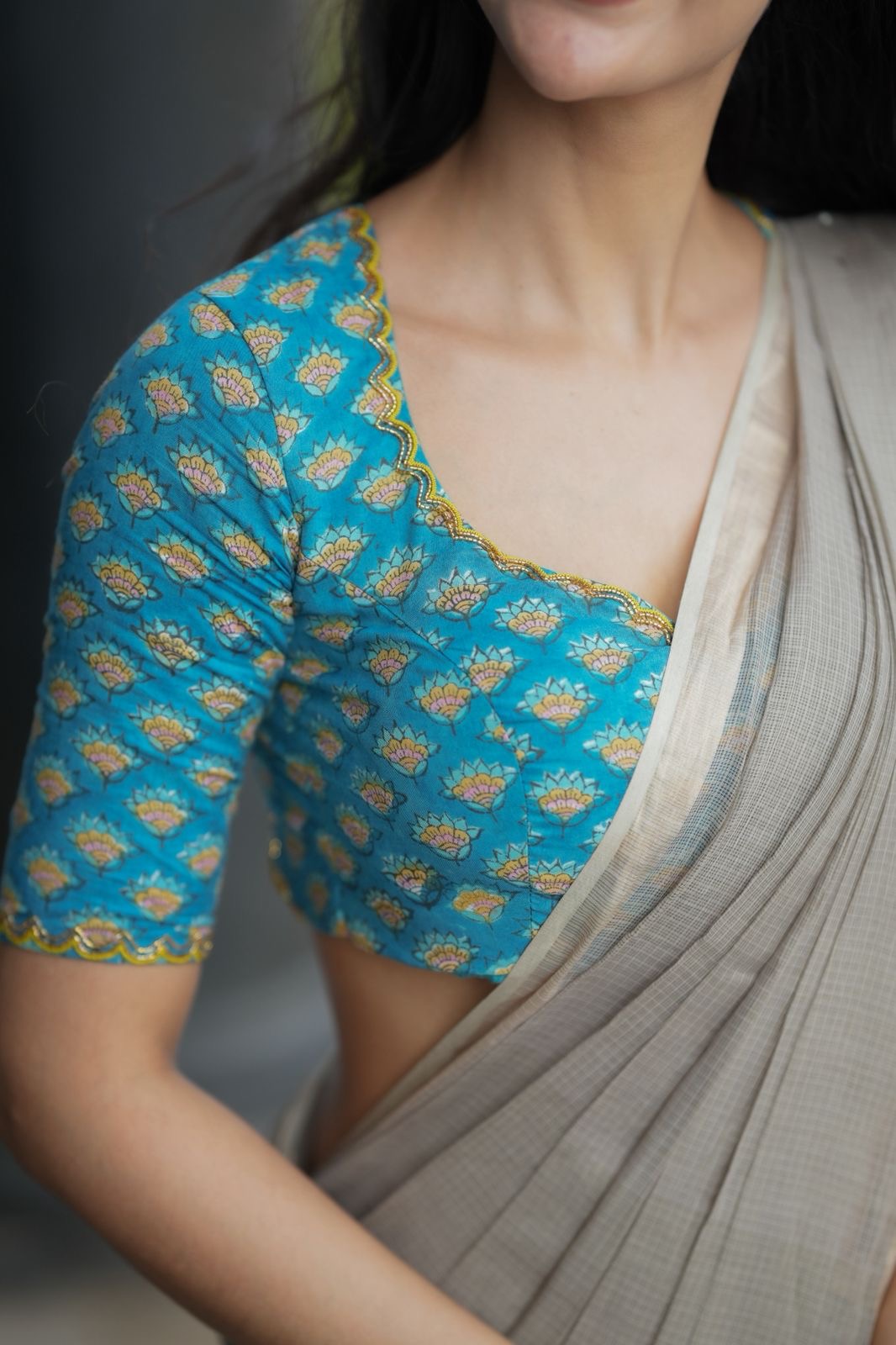 Grey pure kota saree with blue hand work blouse