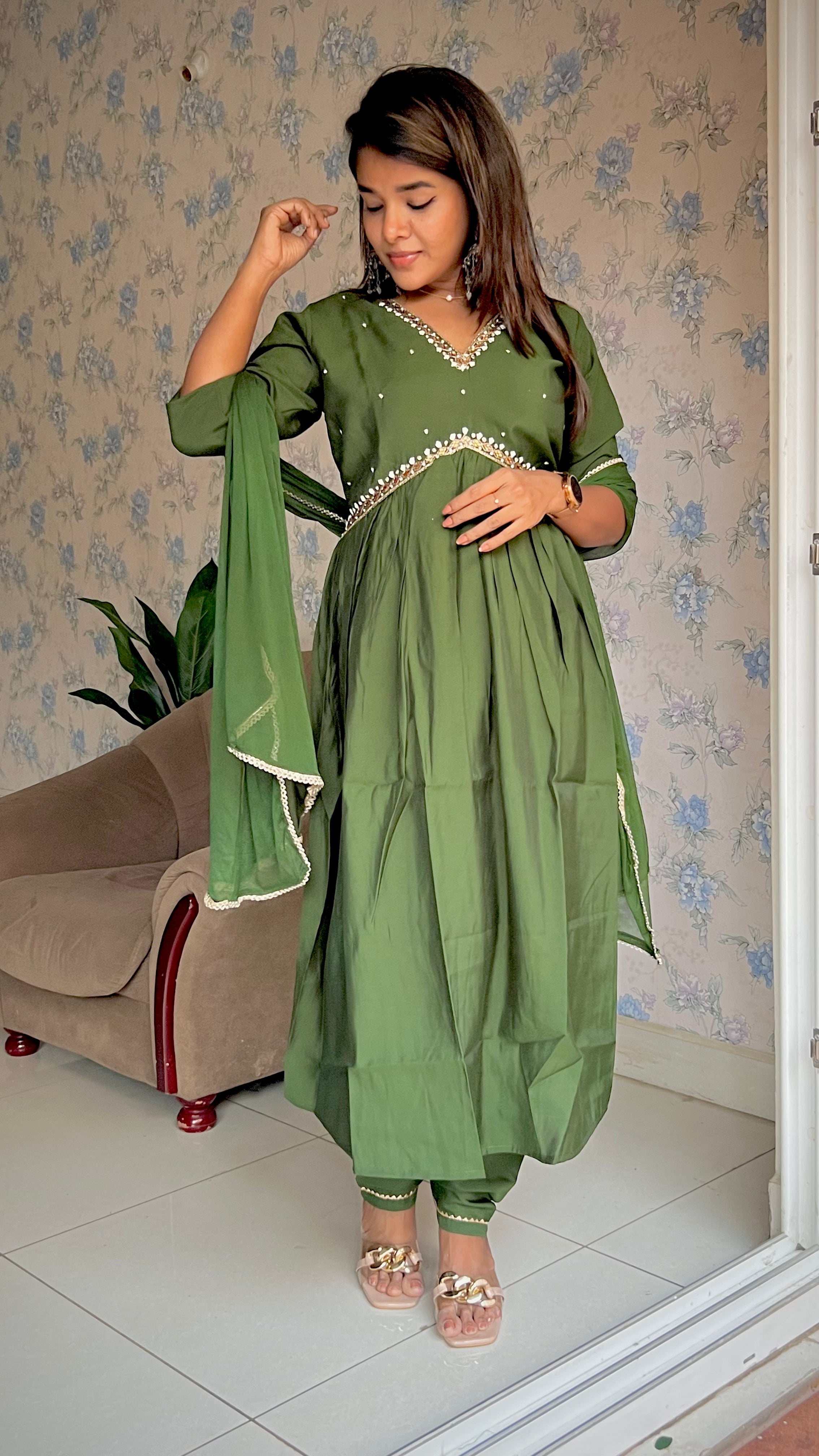 Mehandhi green silk 3 piece kurti suit