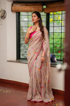 Brown checked mul cotton saree with hand work blouse