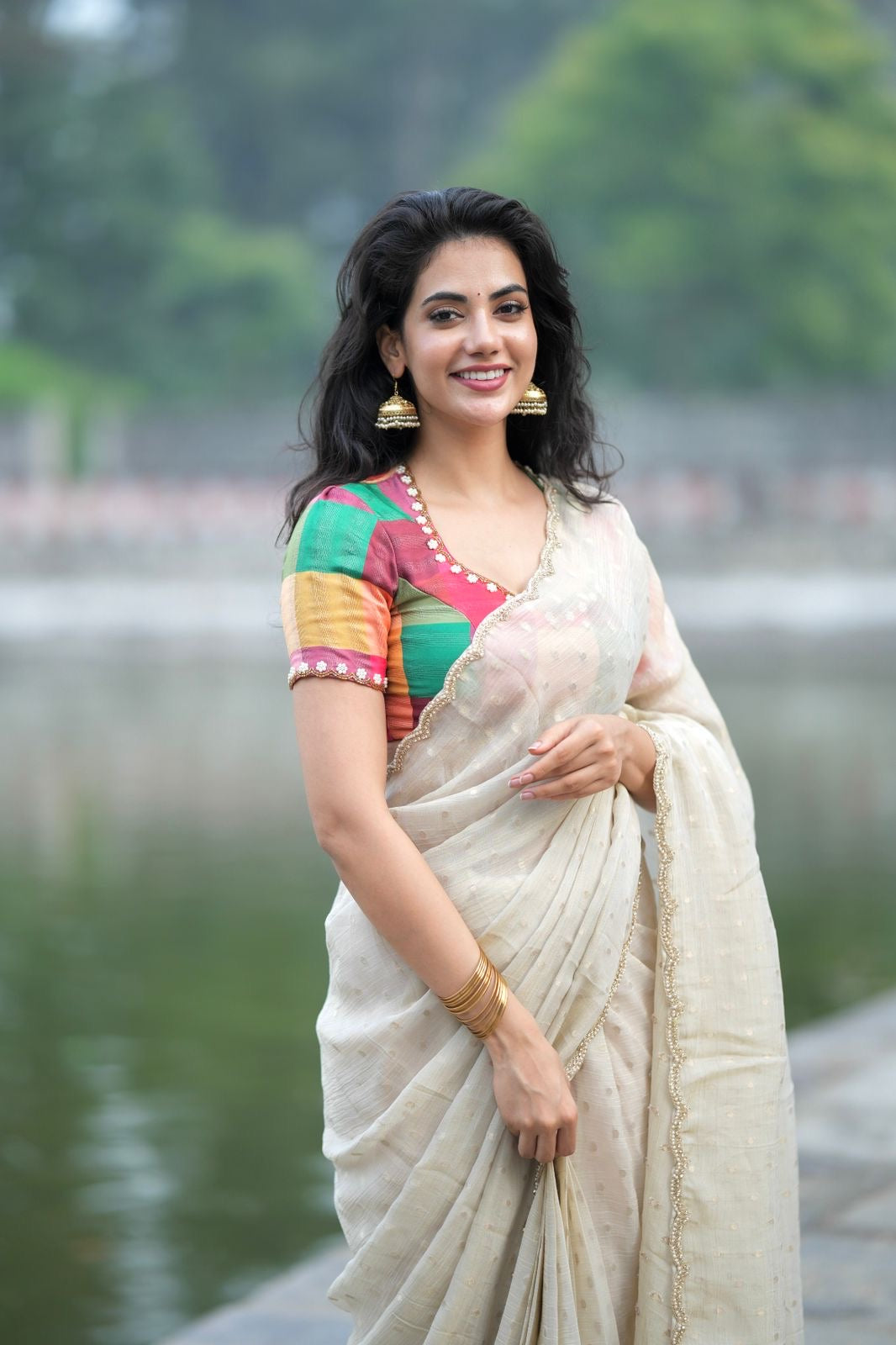 Beige georgette tissue saree with multi hand work blouse