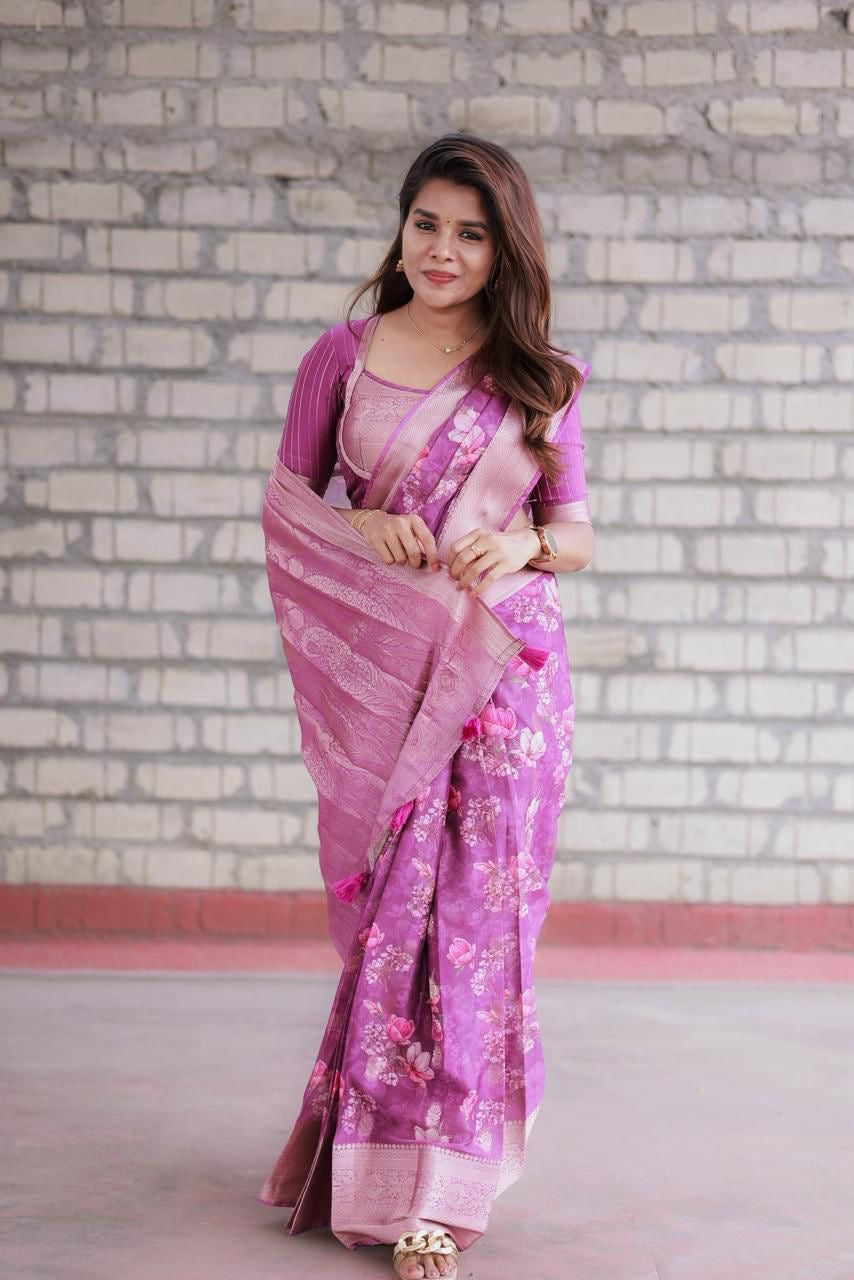 Cheryl pink georgette saree with patterned blouse